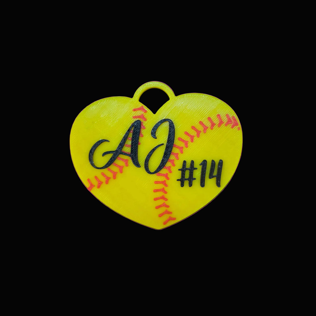 3D Printed Custom Heart Shaped Softball Tag With Name and Number