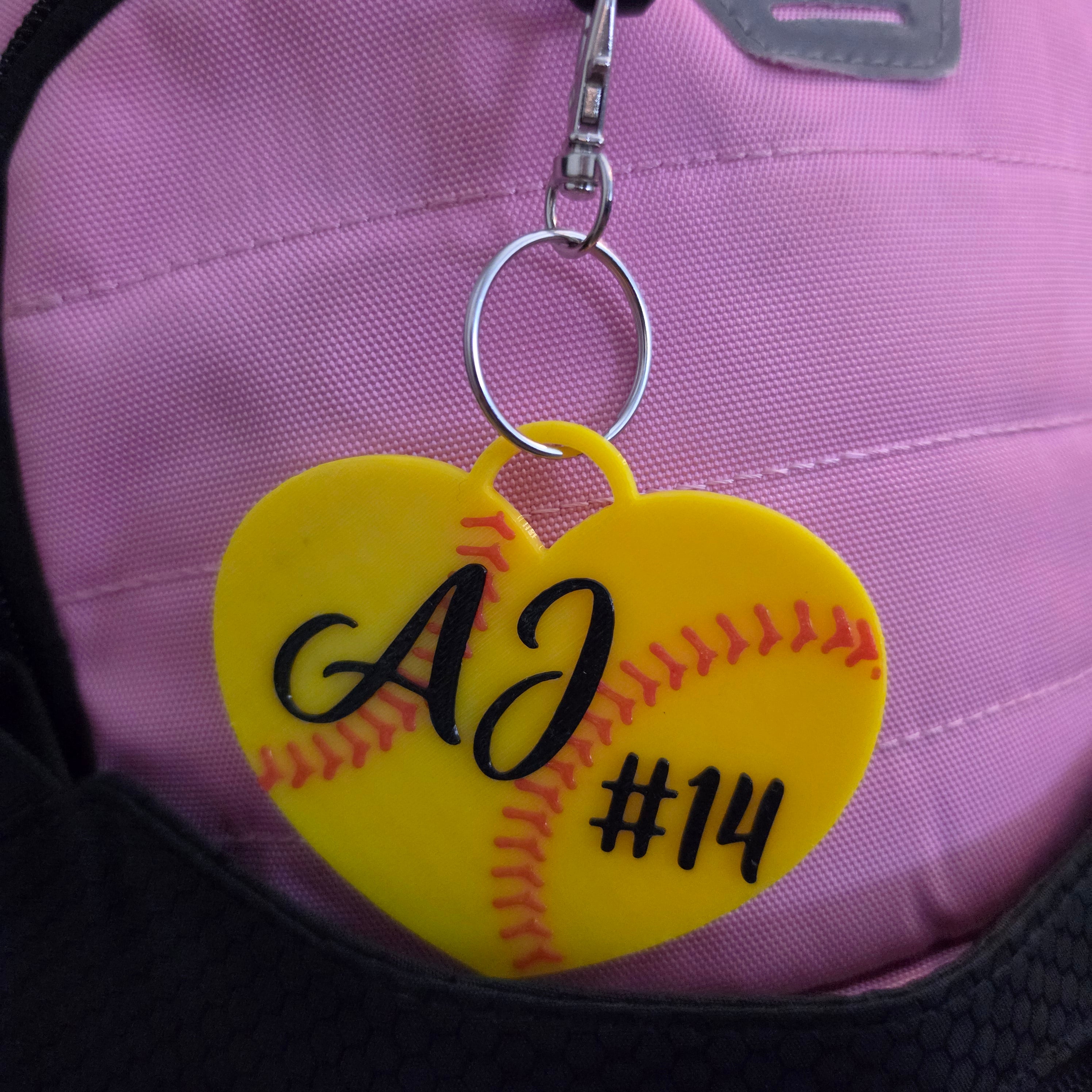 3D Printed Custom Heart Shaped Softball Tag With Name and Number